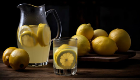 A glass of lemonade and a pitcher full of lemons on a wooden table.の写真素材