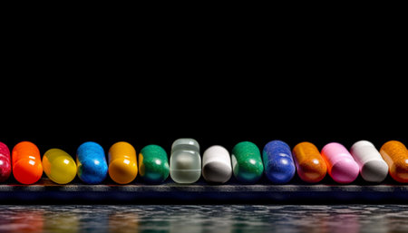A close-up photo of colorful capsules arranged in a row on a black surface.