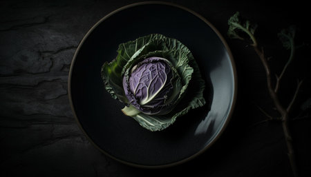 A close-up of a purple cabbage on a dark plate, the cabbage's green leaves create a vivid contrast against the dark backdrop.の写真素材