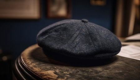 A close-up shot of a classic blue newsboy cap on a rustic wooden surface.の写真素材