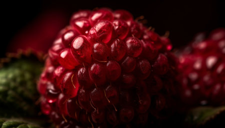 A close-up macro shot of a ripe red raspberry, capturing its intricate details and vibrant color. The shallow depth of field creates a soft, dreamy effect, emphasizing the berry's juicy texture.の写真素材