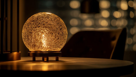 A close-up shot of a glass lamp with an intricate pattern. The light from the lamp creates a warm...