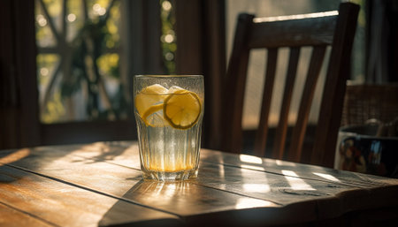 A refreshing glass of lemonade with ice and lemon slices sits on a wooden table, illuminated by sunlight streaming through a window.の写真素材