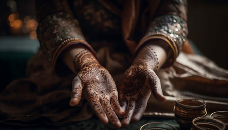 A close-up shot of a woman's hands adorned with intricate mehndi designs, showing the beauty and symbolism of this traditional South Asian art form.の写真素材