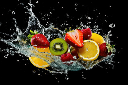 A captivating image showing a vibrant mix of fresh fruits - lemons, limes, oranges, kiwi, and strawberries - exploding out of a water splash against a dramatic black background. The vivid colors and dynamic composition evoke a sense of freshness, energy, and summery delight.の写真素材