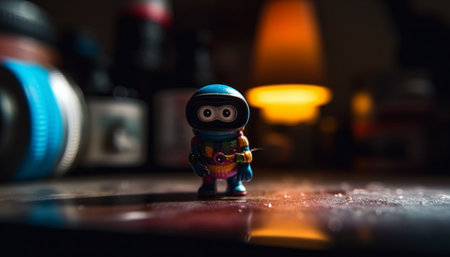 A small, colorful robot toy stands on a table, its blue and colorful body illuminated by warm light. The background is blurred, creating a sense of depth and highlighting the toy.の写真素材