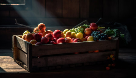 A rustic wooden crate overflowing with a variety of fresh fruits. Sunlight illuminates the scene, highlighting the vibrant colors and textures of the apples, grapes, and pears. The image exudes a sense of abundance and the joy of a bountiful harvest.の写真素材