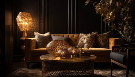 A beautifully decorated living room with a golden sofa, a coffee table, and gold lamp and gold...