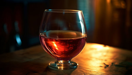 A single glass of red wine on a wooden table with a dark background, lit by a warm light.の写真素材