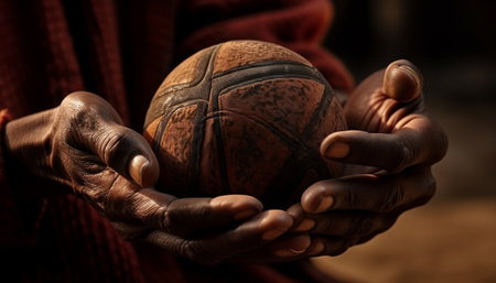 A close-up image captures the texture of a worn ball held delicately in the hands of a person. The ball's leather exterior shows signs of use, with its intricate stitching and subtle brown hues. The image evokes a sense of history, perhaps representing years of play and countless memories.の写真素材
