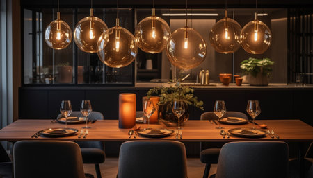 A modern dining room interior with a wooden table and chairs, lit by warm, golden globe lamps. The minimalist decor creates a cozy and elegant ambiance.の写真素材