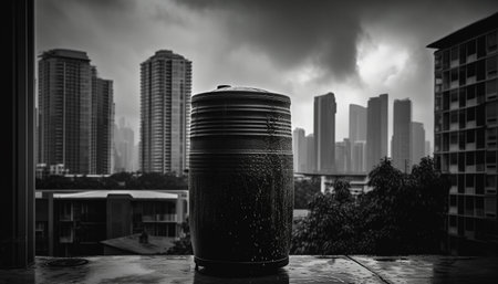 A grayscale image of a metal barrel on a ledge with a cityscape in the background. The image captures the urban landscape with rain droplets on the barrel.の写真素材