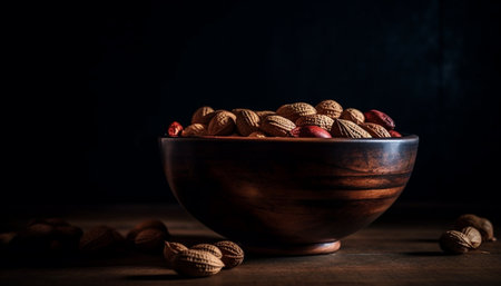 A wooden bowl filled with peanuts, a simple and delicious snack. The dark background and wooden surface create a rustic and natural feel.の写真素材