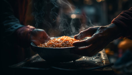A close-up shot of steaming noodles in a bowl held by a hand. The noodles are a warm brown color and...