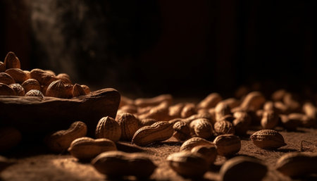 A close-up shot of roasted peanuts, showing their rich brown color and the natural texture of the surface. The peanuts are scattered on a rustic background, creating a warm and inviting atmosphere.の写真素材