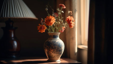 A bouquet of orange flowers in a blue and white patterned vase sits on a wooden table by a window, bathed in the soft light of the sun.の写真素材