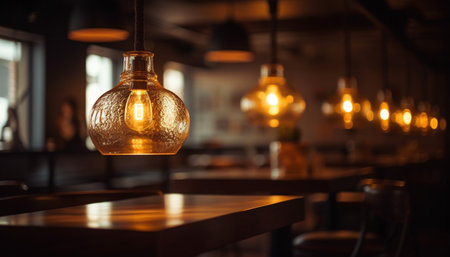 A close-up of a warm, glowing light bulb hanging from the ceiling in a cozy cafe. The light casts a warm glow on the wooden table and creates a cozy ambiance.の写真素材