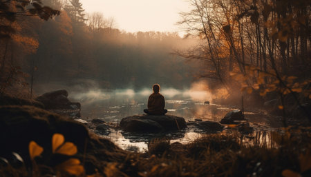A solitary figure sits on a rock by a misty lake, surrounded by trees in a tranquil forest. The warm golden light of the sunrise creates a peaceful atmosphere.の写真素材