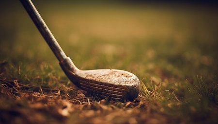 A close-up of a golf club lying on a green field, the clubhead is in focus, the background is blurred.の写真素材