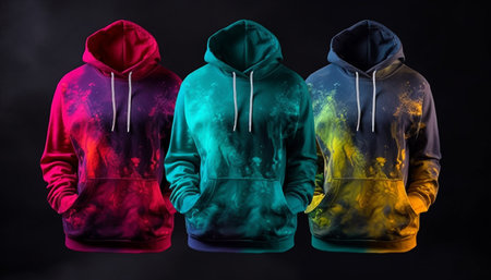 Three hoodies with abstract, colorful patterns on a black background.