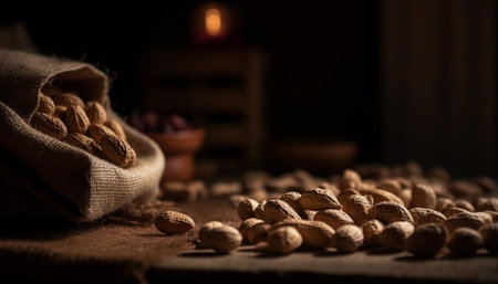 A sack of peanuts on a wooden table in a rustic setting, with a blurred backgroundの写真素材