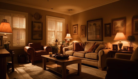 A cozy living room illuminated by warm lamplight, featuring a plush couch, armchair, and decorative artwork.の写真素材