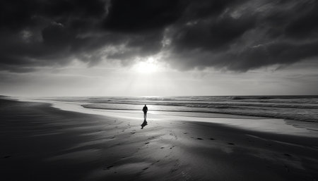 A solitary figure walks along a beach, facing the horizon with stormy clouds overhead. The black and white tones heighten the sense of loneliness and mysteryの写真素材