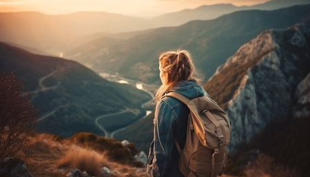 A lone woman stands on a mountaintop, overlooking a breathtaking sunset over a vast landscape. The image evokes a sense of adventure, freedom, and connection with nature.の写真素材
