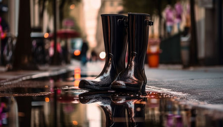 A pair of black rubber boots stand in a puddle on a city street, reflecting the light and creating a shimmering effect.の写真素材