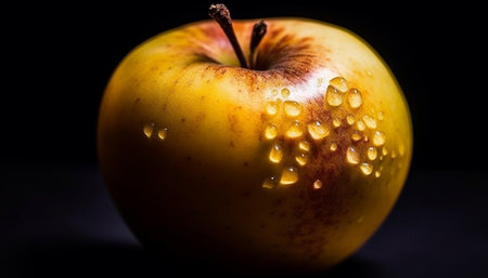 A close-up photo of a yellow apple with water droplets on its surface. The apple is illuminated from the side, casting a soft glow on the droplets. The background is dark, emphasizing the apple's vibrant color and texture.の写真素材