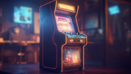 A retro arcade cabinet with glowing neon lights, sitting on a table in a dimly lit room.の写真素材
