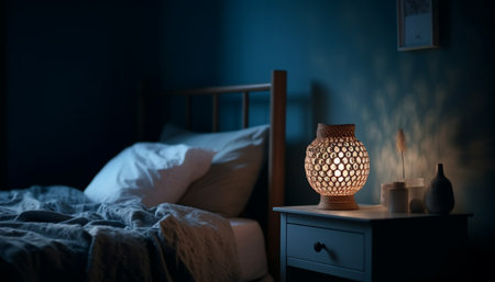A wooden nightstand with a wicker lamp sits beside a bed, illuminated against a dark blue wall. The...