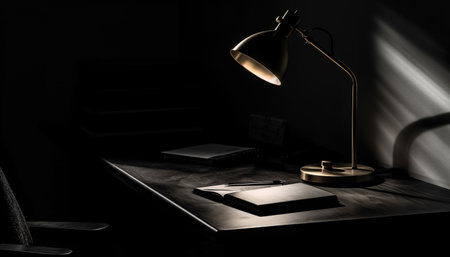 A desk lamp shines light on a notebook, casting shadows in a dark room.の写真素材