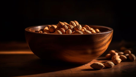 A wooden bowl filled with almonds, set on a dark wooden surface. The almonds are bathed in warm light, highlighting their texture and shape.の写真素材