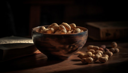 A bowl of peanuts on a wooden table with a book in the background. The peanuts are in focus and the background is out of focus.の写真素材