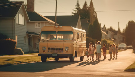 Children wait for the school bus on a sunny day in a residential street.