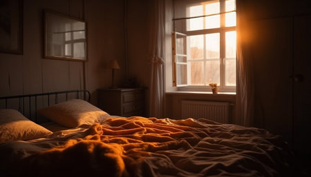 Warm morning sunlight streams through a window into a cozy bedroom with a bed made with fresh linen sheets. The soft light illuminates the room, creating a peaceful and inviting atmosphere.の写真素材