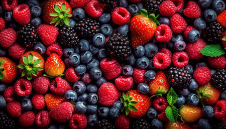 A close-up shot of a vibrant mix of fresh berries, showcasing blueberries, raspberries, strawberries and blackberries.の写真素材