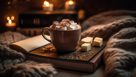 A mug of hot chocolate topped with marshmallows sits on a book with a cozy blanket in the background. The scene is set in a warm and inviting space with candles and a book in the foreground, perfect for a relaxing night.の写真素材