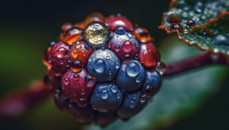 A macro shot of a blackberry covered in dewdrops, showing the intricate details and vibrant colors of the fruit.の写真素材