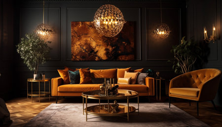 A luxurious living room with a modern design featuring a large orange sofa, an armchair, gold accents and a modern art painting above the fireplace.の写真素材