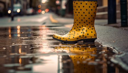 A yellow polka-dotted rain boot stands in a puddle on a city street, capturing a moment of rain-soaked urban life.の写真素材