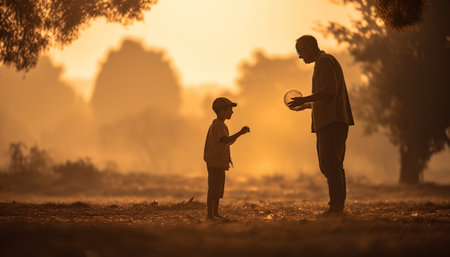 A silhouette of a father and son standing in a field at sunset, the golden light illuminating the scene.の写真素材