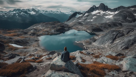 A solitary figure sits on a rocky outcrop overlooking a serene mountain lake. The image captures the vastness and tranquility of the natural world.の写真素材