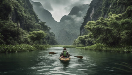 A lone kayaker navigates through a serene river surrounded by lush green mountains.
