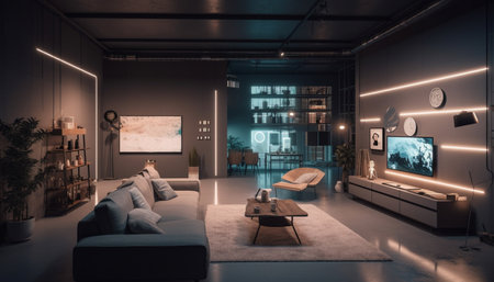 A modern living room with a minimalist design. It features a gray sofa, a coffee table, a tv, and a...