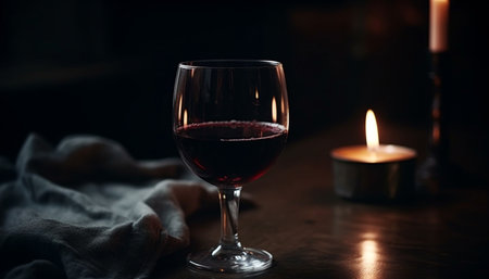 A glass of red wine with a candle in the background. The image evokes feelings of relaxation and comfort.の写真素材