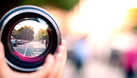 A close-up of a camera lens with a city street in the background. The street is blurred and out of focus, creating a sense of depth and perspective.の写真素材