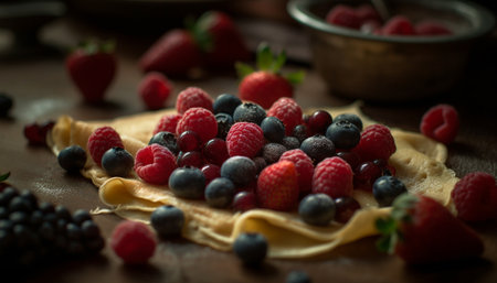 Close-up shot of a crepe topped with fresh berries, including blueberries, raspberries and strawberries. The crepe is on a wooden table with a bowl of berries in the background. The image is full of color and texture, creating a mouthwatering scene.の写真素材