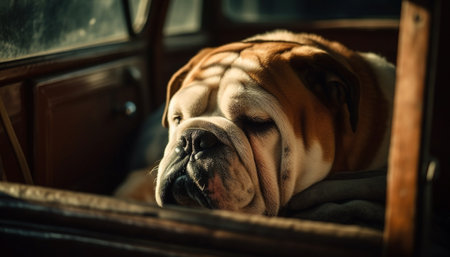A close-up portrait of an English Bulldog resting in the back seat of a car, with sunlight streaming in through the window.の写真素材